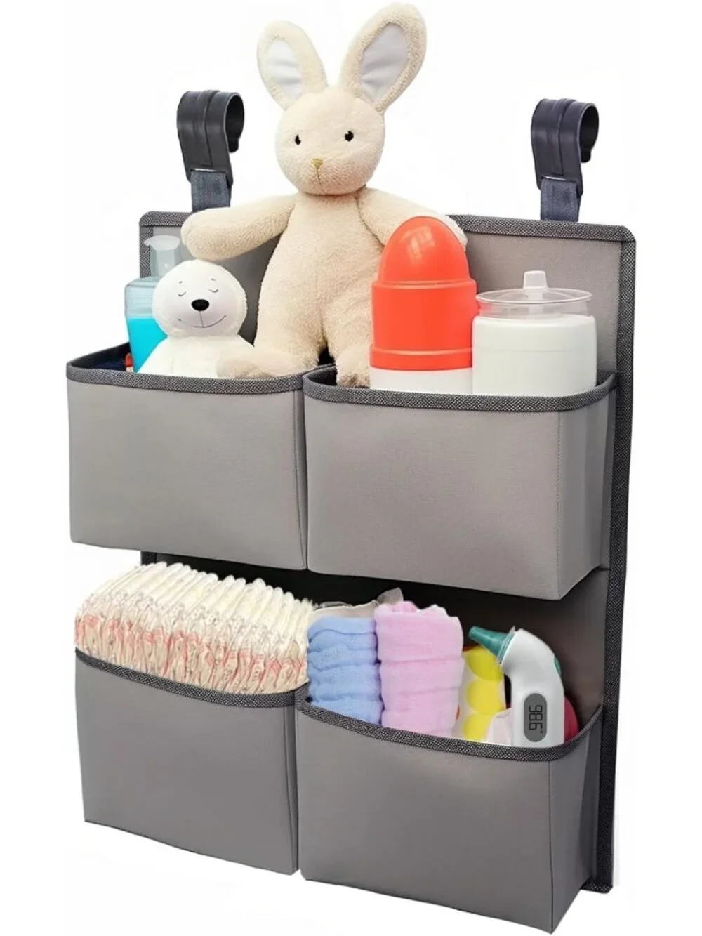 Hanging Diaper Organizer for Nursery - Holds 80+ Diapers, 4 Deep Pockets, Gray